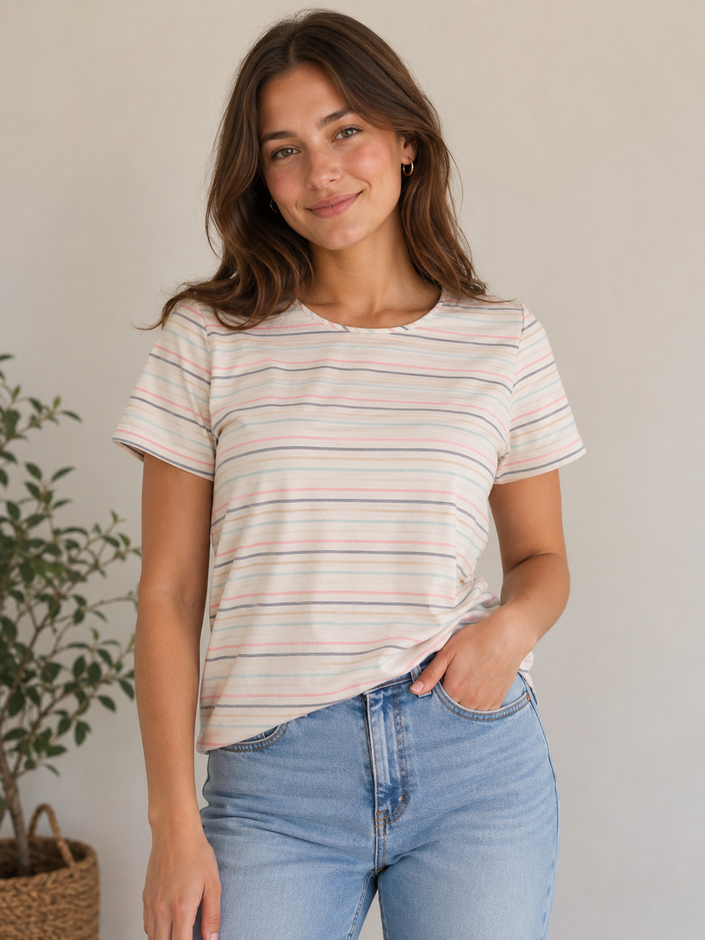 Calida Women's Striped 100% Cotton Knit Lace Scoop Neck Tee Short Sleeve L 43253